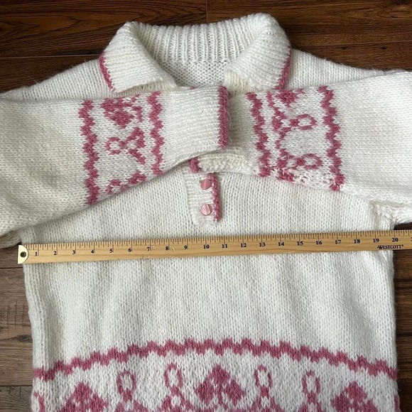 Vintage Handknit Wool Collar Button Pullover Sweater White Pink Medium Coquette - Picture 5 of 6